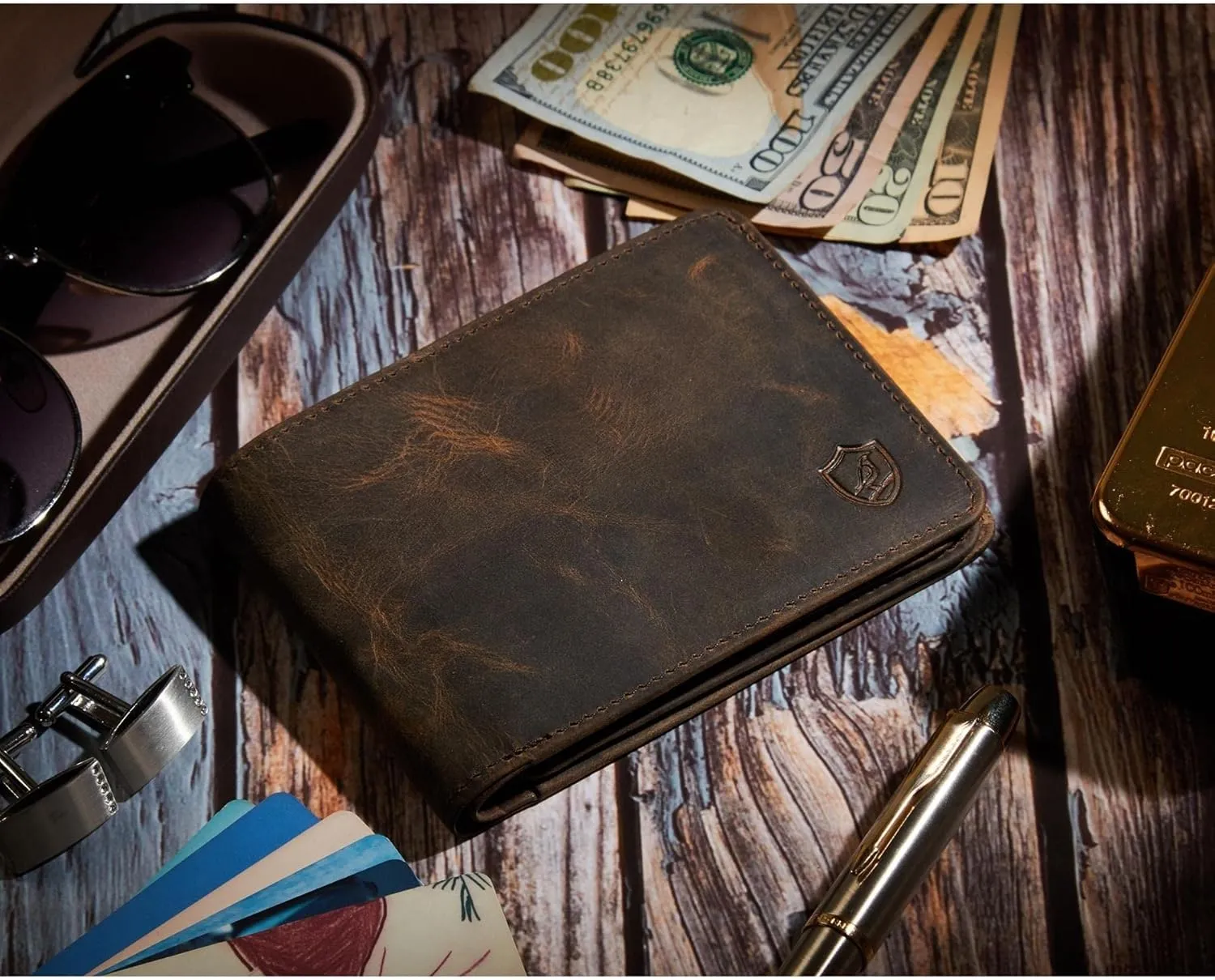 Mens Wallet Real Leather Bifold RFID Blocking High Capacity Card Case with 2 ID Window in Gift Box (Crazy Horse, Moss)