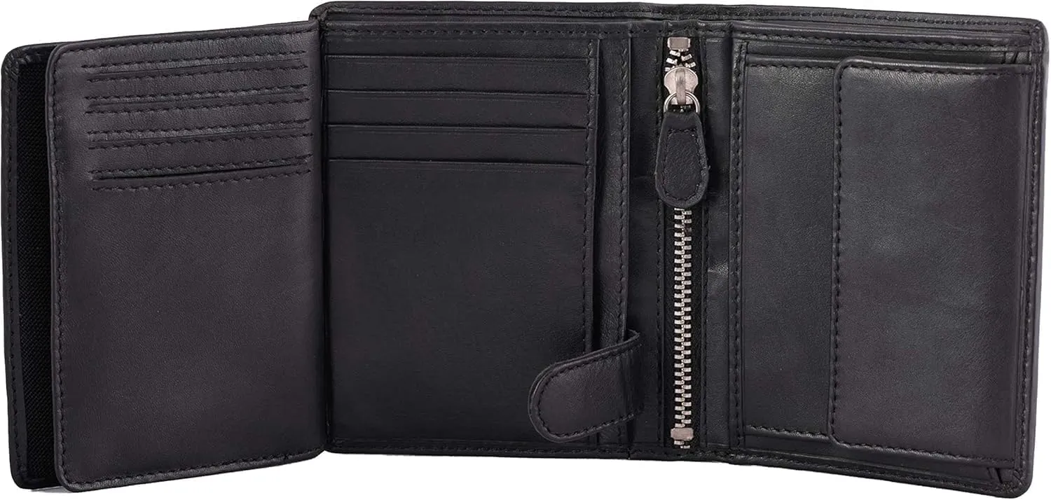Mens Wallet RFID Blocking Genuine Full Grain Leather Bifold Wallet with Flip ID Coin and Secure Zip Compartment Extra Large (Black Nappa)