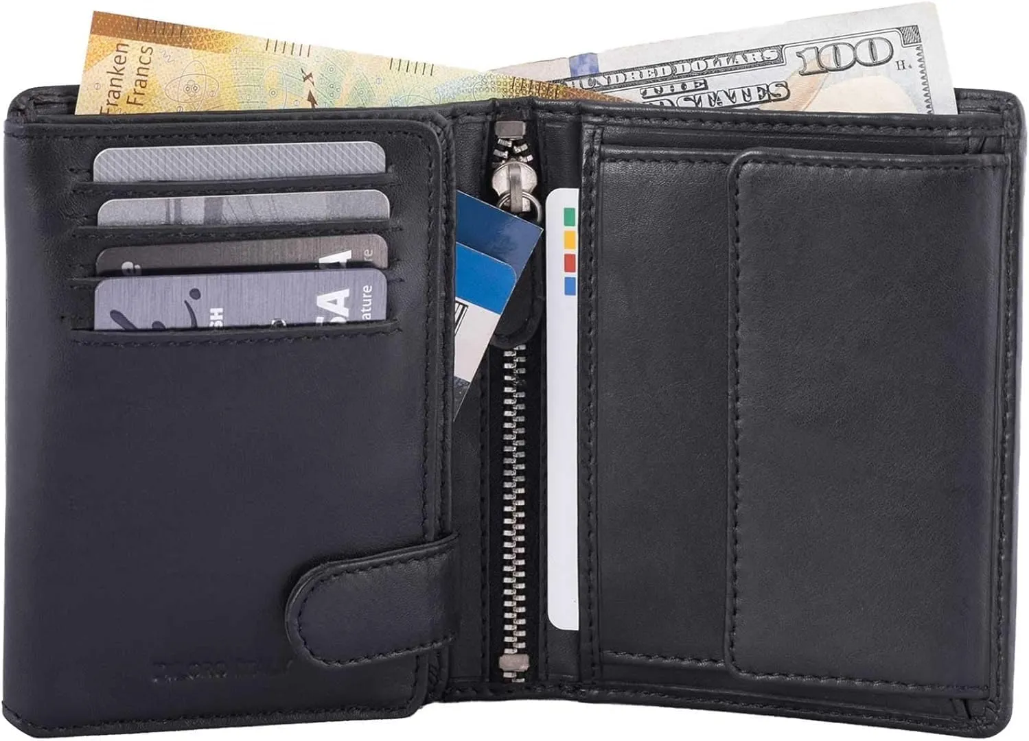 Mens Wallet RFID Blocking Genuine Full Grain Leather Bifold Wallet with Flip ID Coin and Secure Zip Compartment Extra Large (Black Nappa)