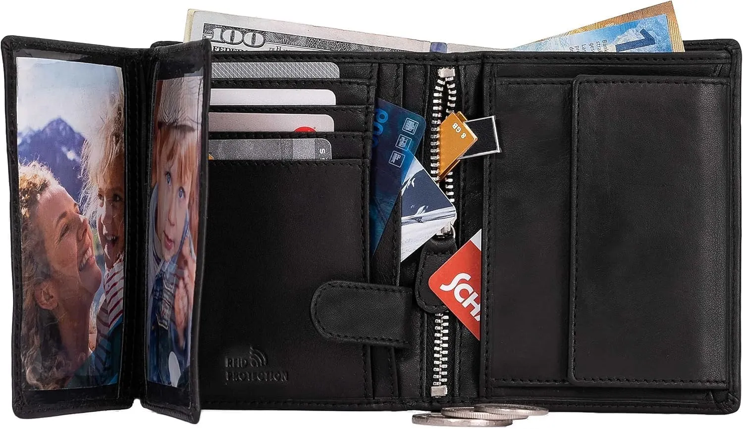 Mens Wallet RFID Blocking Genuine Full Grain Leather Bifold Wallet with Flip ID Coin and Secure Zip Compartment Extra Large (Black Nappa)