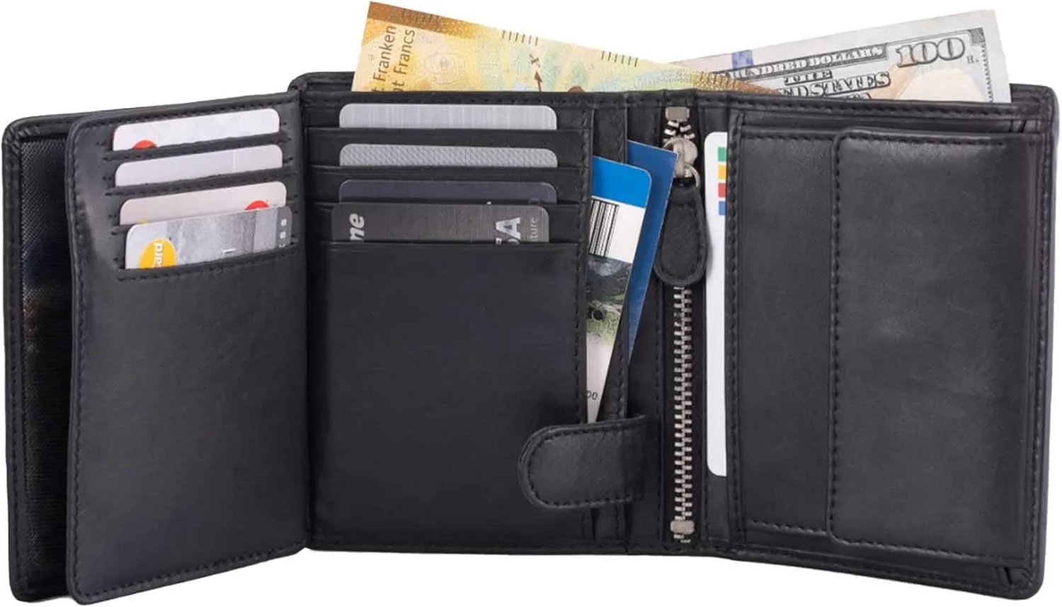 Mens Wallet RFID Blocking Genuine Full Grain Leather Bifold Wallet with Flip ID Coin and Secure Zip Compartment Extra Large (Black Nappa)
