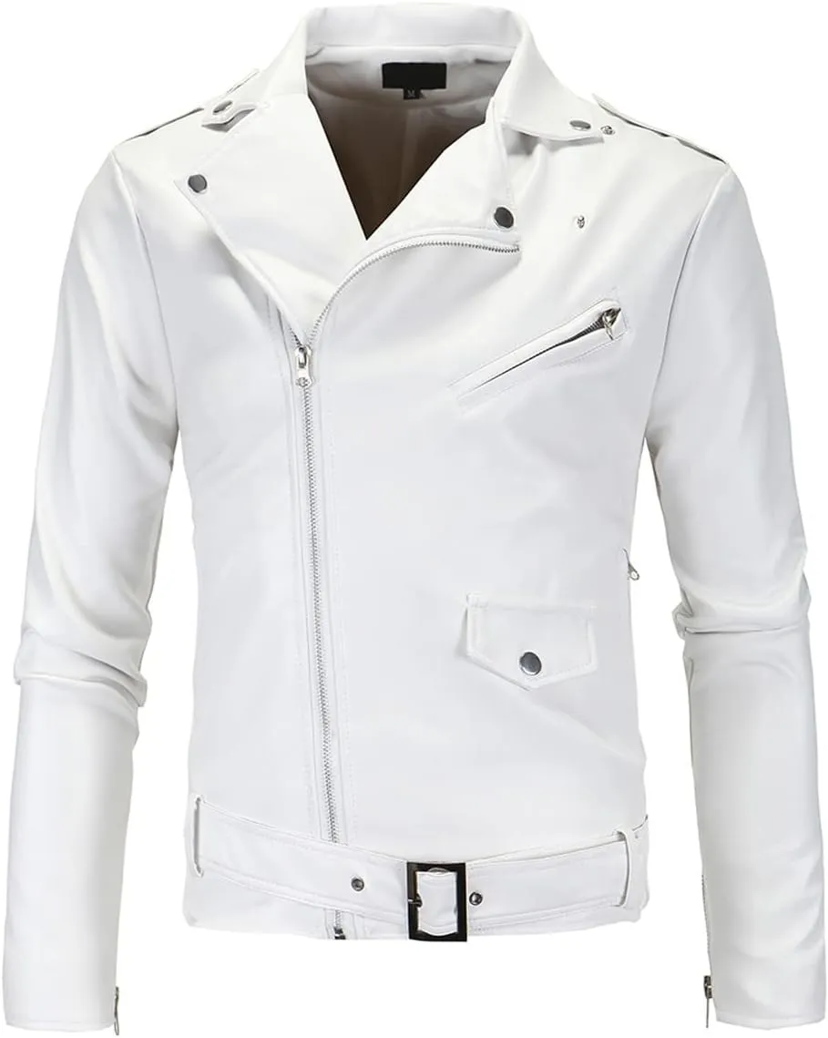 Men’s White Negan Brando Biker Pu Casual Slim Fit Motorcycle Rider Lapel Collar Classic Zip-Up Retro Faux Leather Jacket