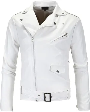 Men’s White Negan Brando Biker Pu Casual Slim Fit Motorcycle Rider Lapel Collar Classic Zip-Up Retro Faux Leather Jacket