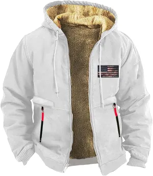 Men's Winter Hoodie Jacket Thick Cotton Warm Fleece Lined Coat Trucker Lapel Collar USA Flag Printed Work Sweatshirts