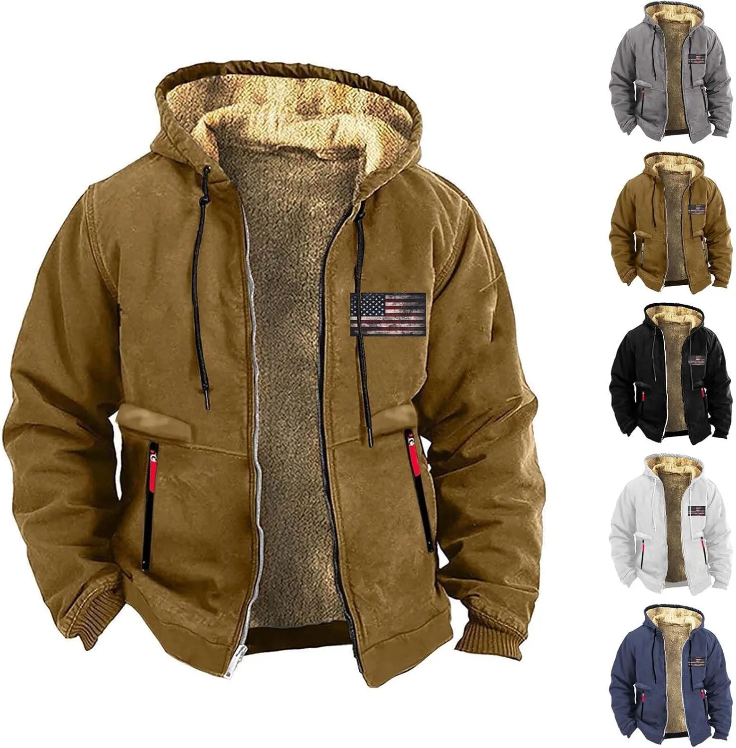 Men's Winter Hoodie Jacket Thick Cotton Warm Fleece Lined Coat Trucker Lapel Collar USA Flag Printed Work Sweatshirts