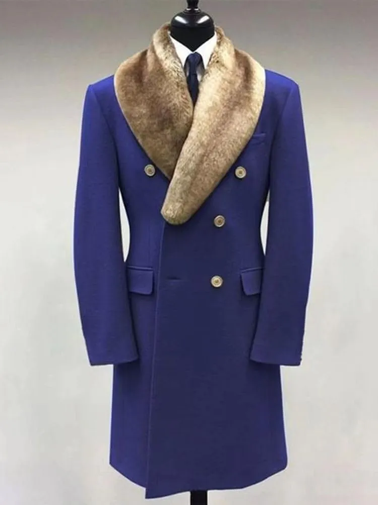 Men's Winter Trench Overcoat Removable Faux Fur Collar Top Coat Double Breasted Business Long Pea Coat