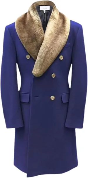 Men's Winter Trench Overcoat Removable Faux Fur Collar Top Coat Double Breasted Business Long Pea Coat