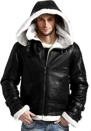 Mens’s Winter B3 WW2 Aviator Fighter Pilots Raf Bomber White Fur Black Leather Jacket