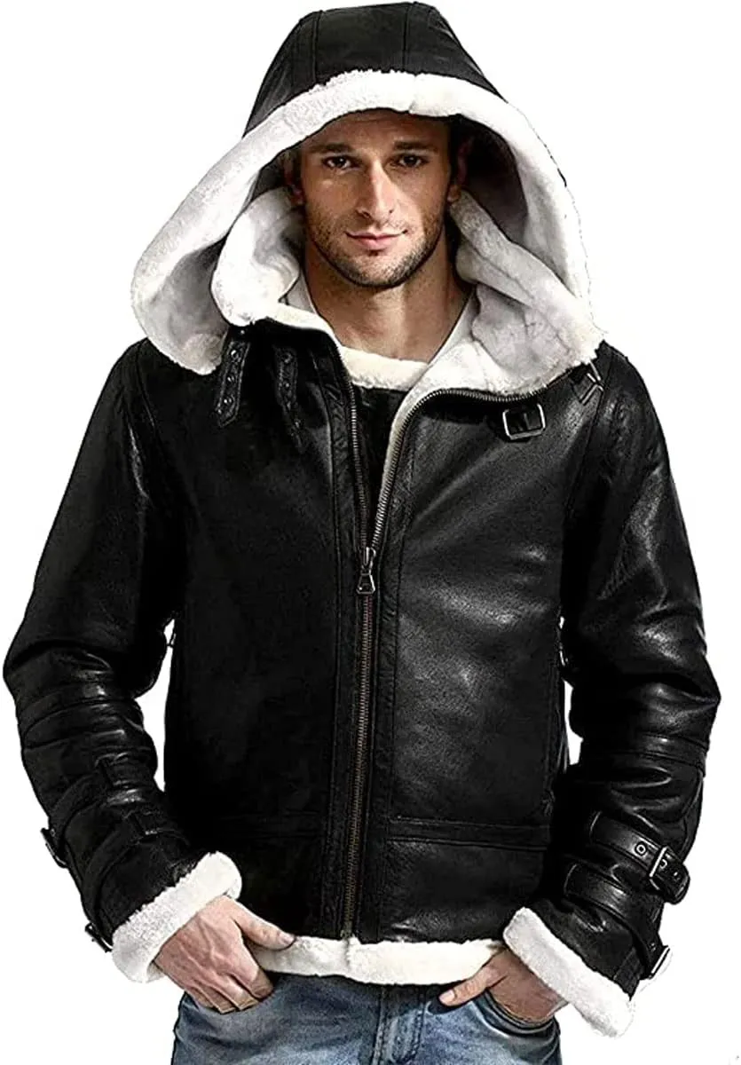 Mens’s Winter B3 WW2 Aviator Fighter Pilots Raf Bomber White Fur Black Leather Jacket