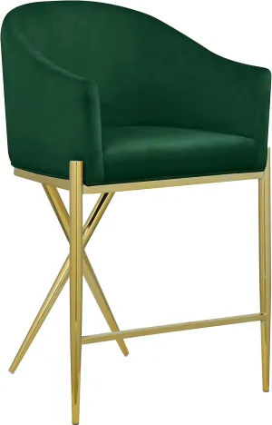 Meridian Furniture 867Green-C Xavier Collection Velvet Upholstered Counter Stool with Sturdy Gold Metal Legs, Green, 23.5" W x 22.5" D x 38" H