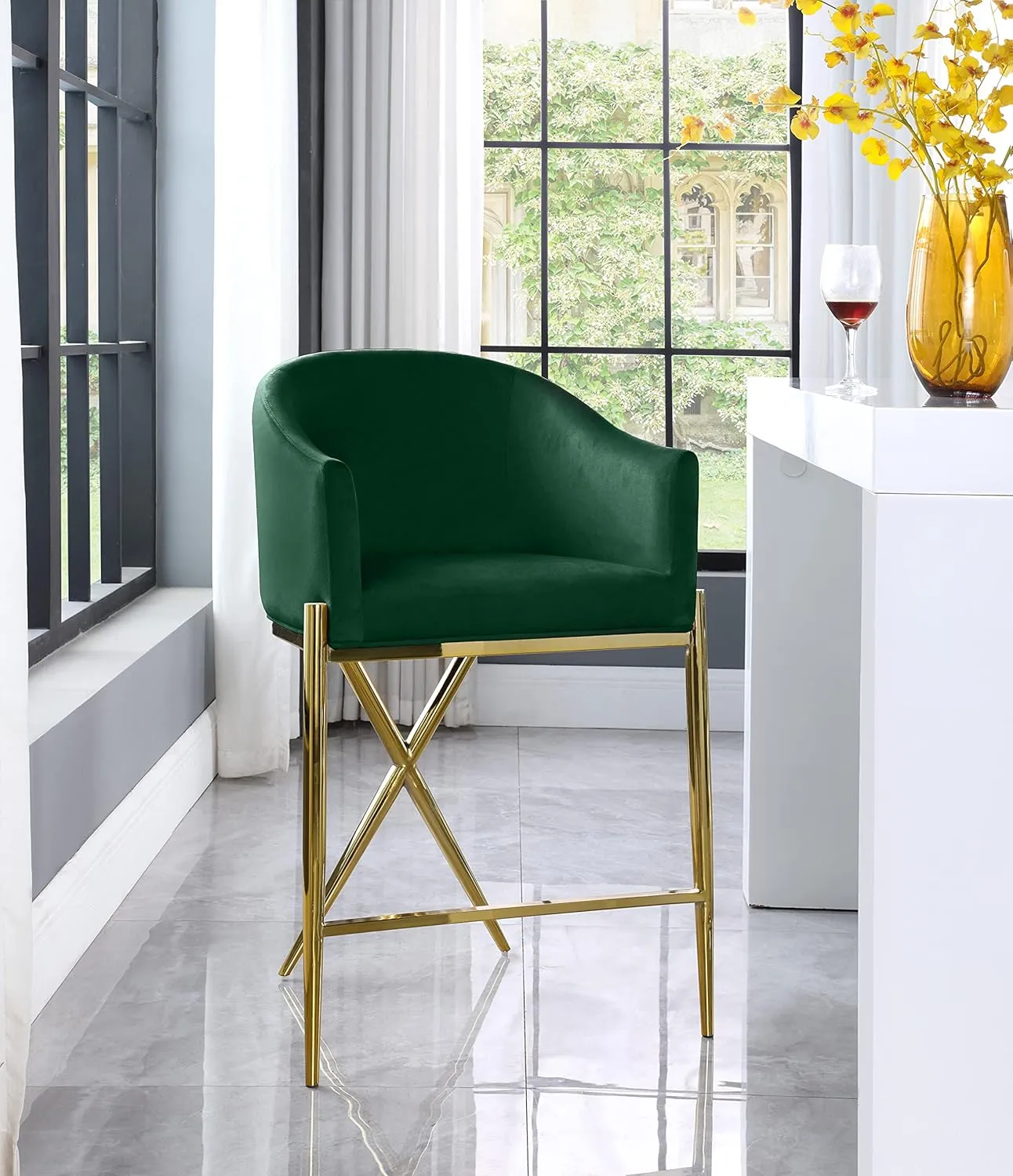 Meridian Furniture 867Green-C Xavier Collection Velvet Upholstered Counter Stool with Sturdy Gold Metal Legs, Green, 23.5" W x 22.5" D x 38" H