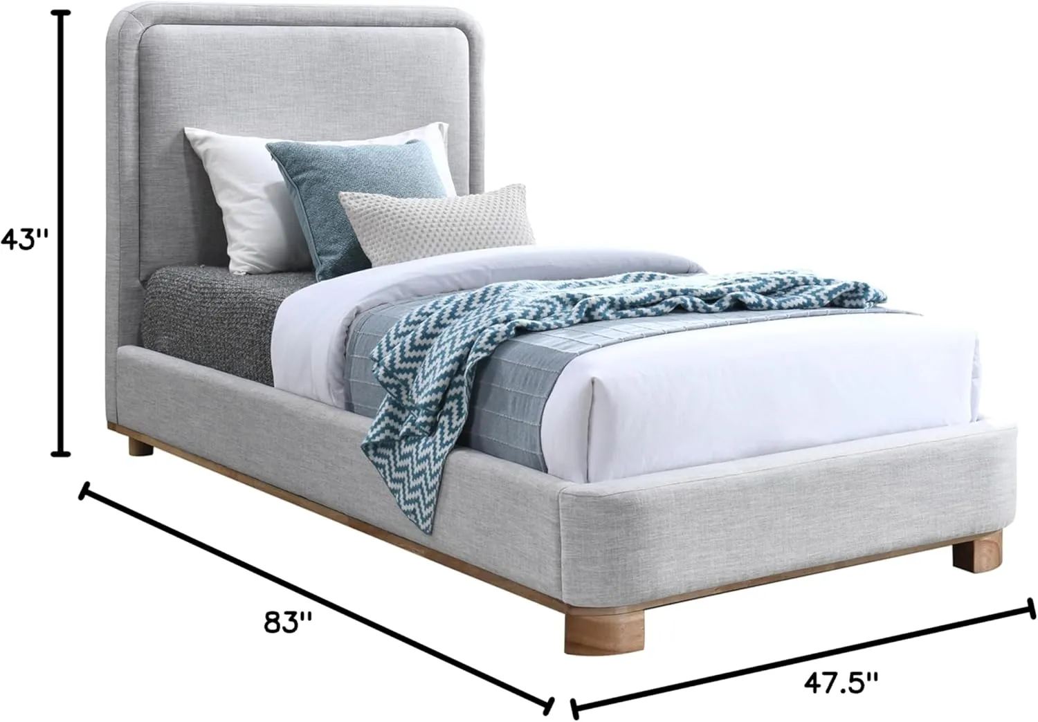 Meridian Furniture B1201Grey-T Nolita Collection Modern | Contemporary Twin Bed with Soft Light Grey Durable Linen Textured Fabric, Solid Wood Natural Finish, 43" W x 83" D x 47.5" H, Grey, Twin