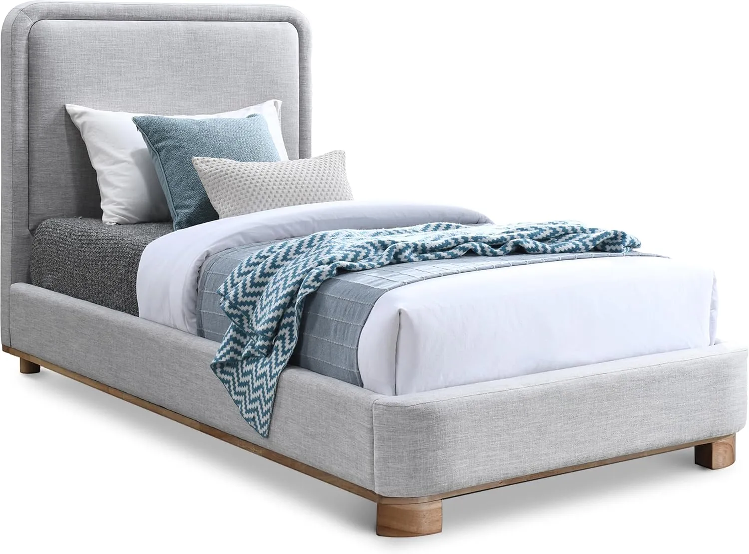Meridian Furniture B1201Grey-T Nolita Collection Modern | Contemporary Twin Bed with Soft Light Grey Durable Linen Textured Fabric, Solid Wood Natural Finish, 43" W x 83" D x 47.5" H, Grey, Twin