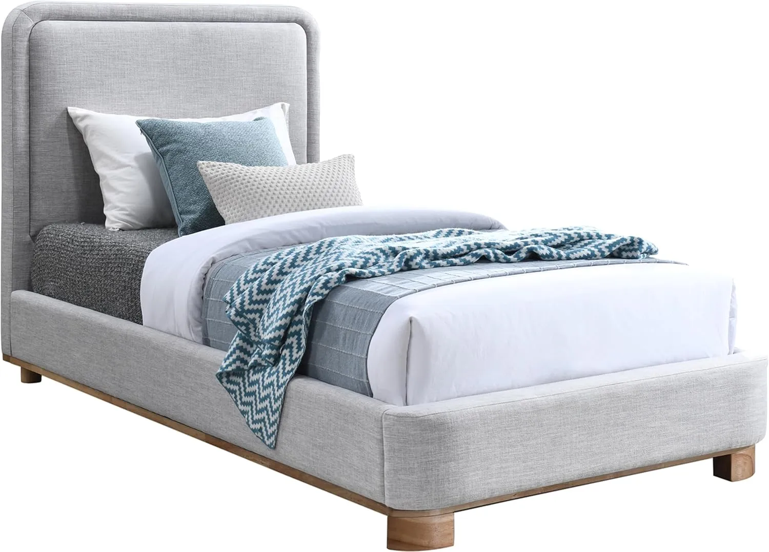 Meridian Furniture B1201Grey-T Nolita Collection Modern | Contemporary Twin Bed with Soft Light Grey Durable Linen Textured Fabric, Solid Wood Natural Finish, 43" W x 83" D x 47.5" H, Grey, Twin