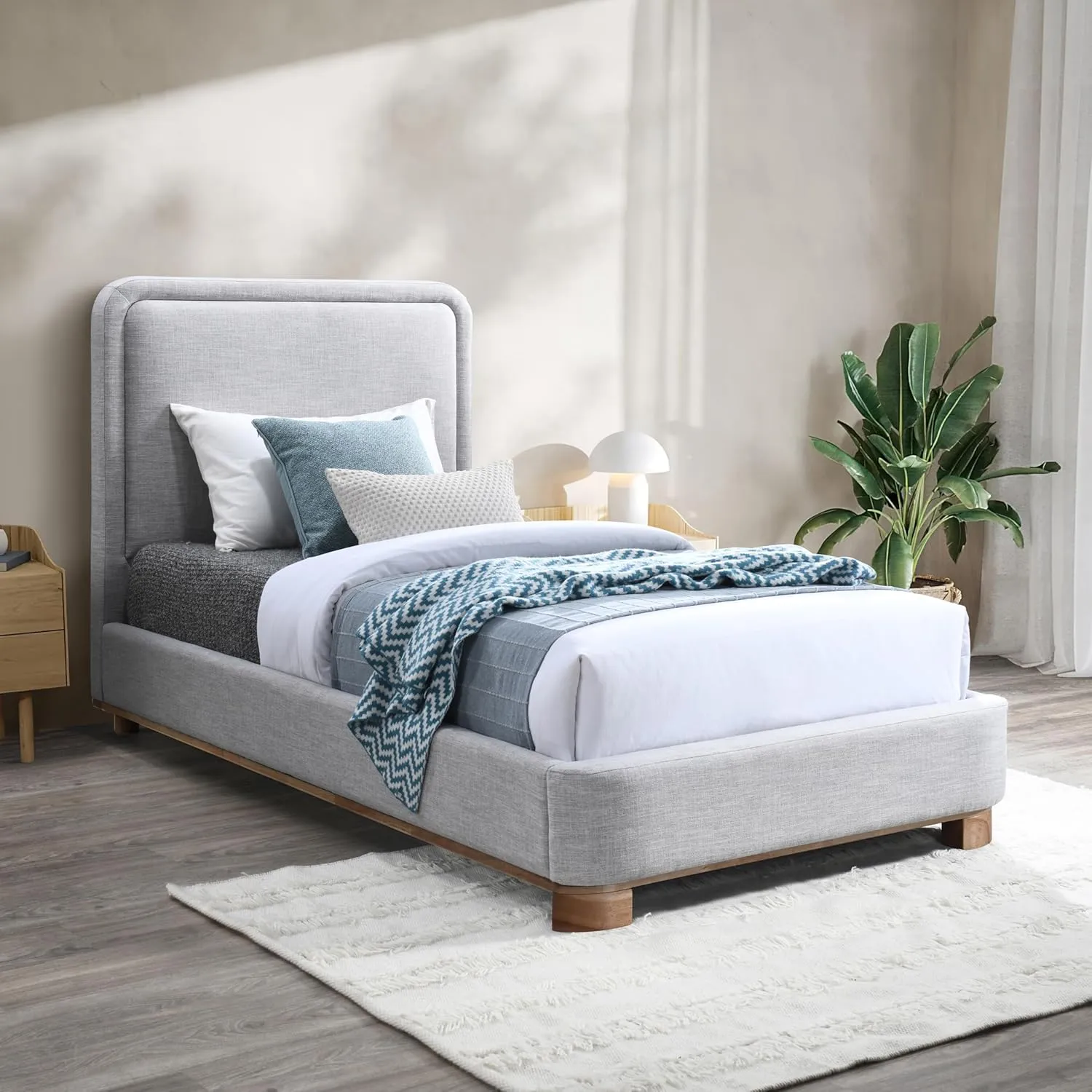 Meridian Furniture B1201Grey-T Nolita Collection Modern | Contemporary Twin Bed with Soft Light Grey Durable Linen Textured Fabric, Solid Wood Natural Finish, 43" W x 83" D x 47.5" H, Grey, Twin