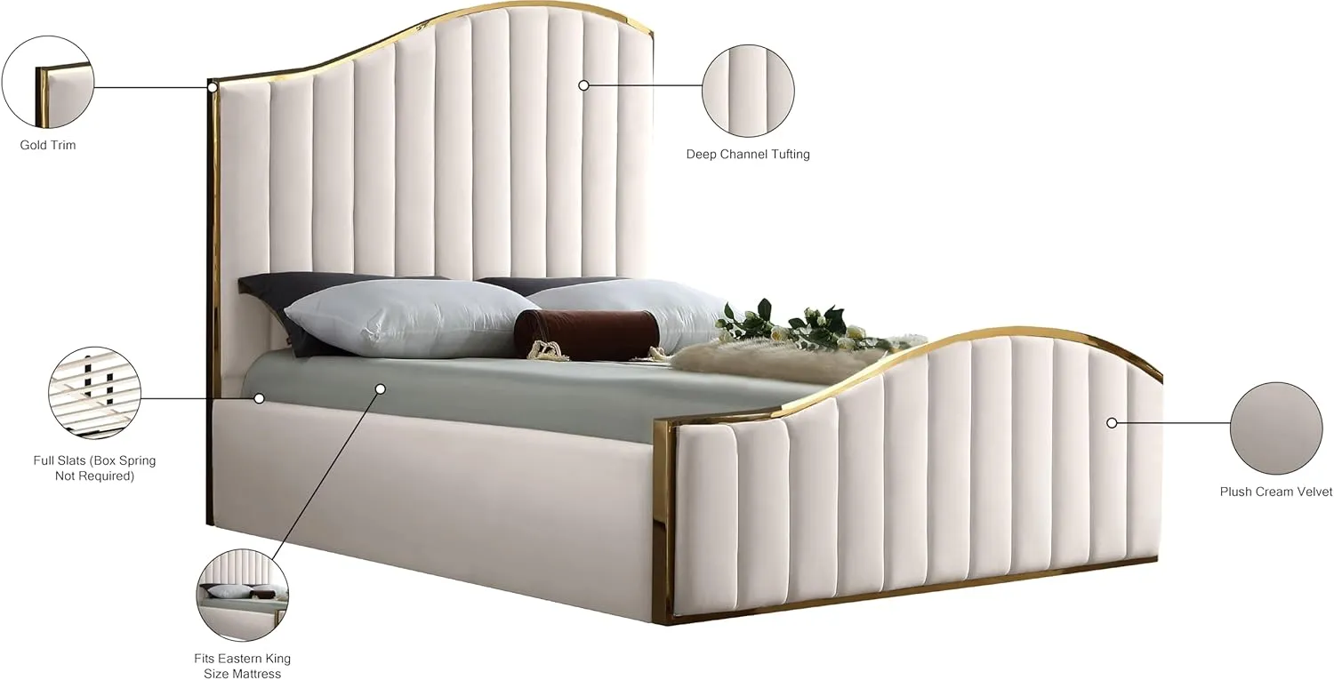 Meridian Furniture Jolie Collection Modern | Contemporary Velvet Upholstered Bed With Channel Tufting, And Polished Gold Metal Frame, Cream, King
