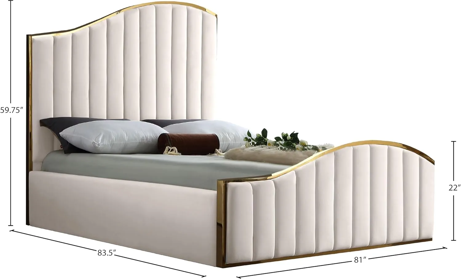 Meridian Furniture Jolie Collection Modern | Contemporary Velvet Upholstered Bed With Channel Tufting, And Polished Gold Metal Frame, Cream, King