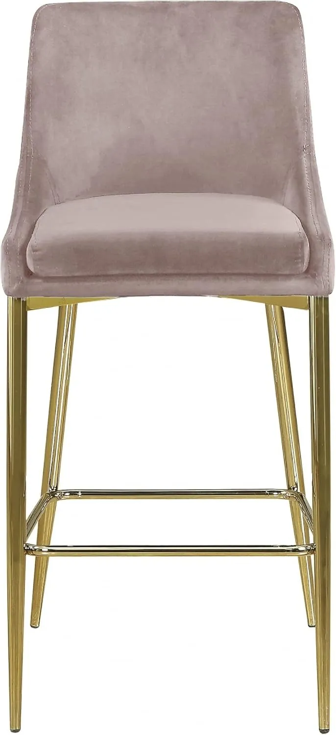Meridian Furniture Karina Collection Modern | Contemporary Velvet Upholstered Counter Stool with Polished Gold Metal Legs and Foot Rest, Set of 2, Pink