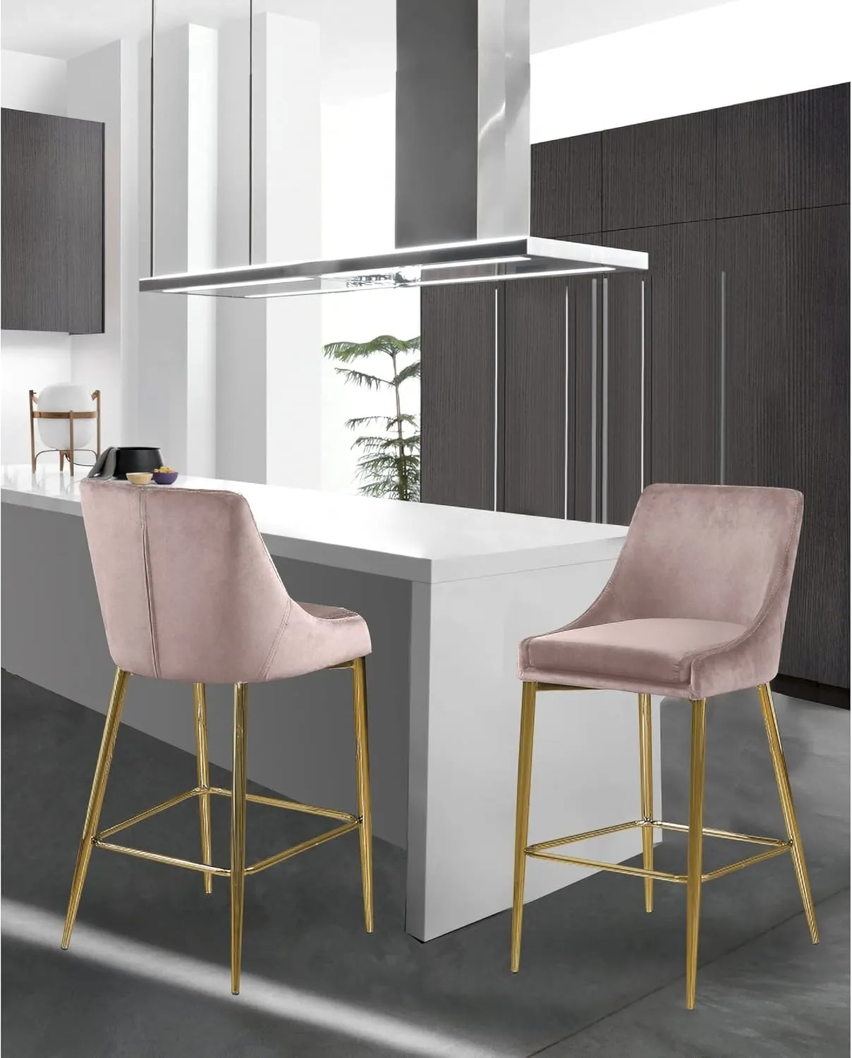 Meridian Furniture Karina Collection Modern | Contemporary Velvet Upholstered Counter Stool with Polished Gold Metal Legs and Foot Rest, Set of 2, Pink