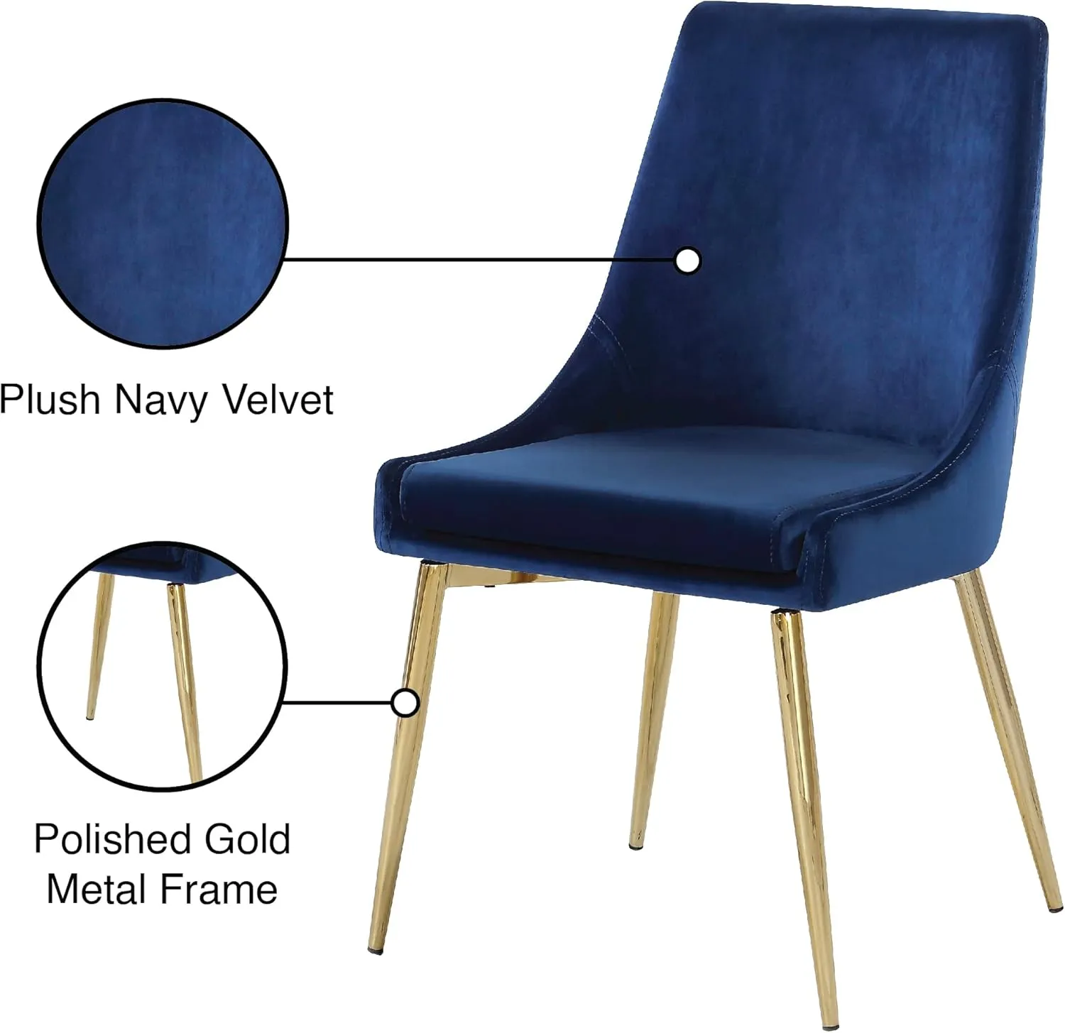 Meridian Furniture Karina Collection Modern | Contemporary Velvet Upholstered Dining Chair with Sturdy Metal Legs, Set of 2, 19.5" W x 21.5" D x 33.5" H, Navy