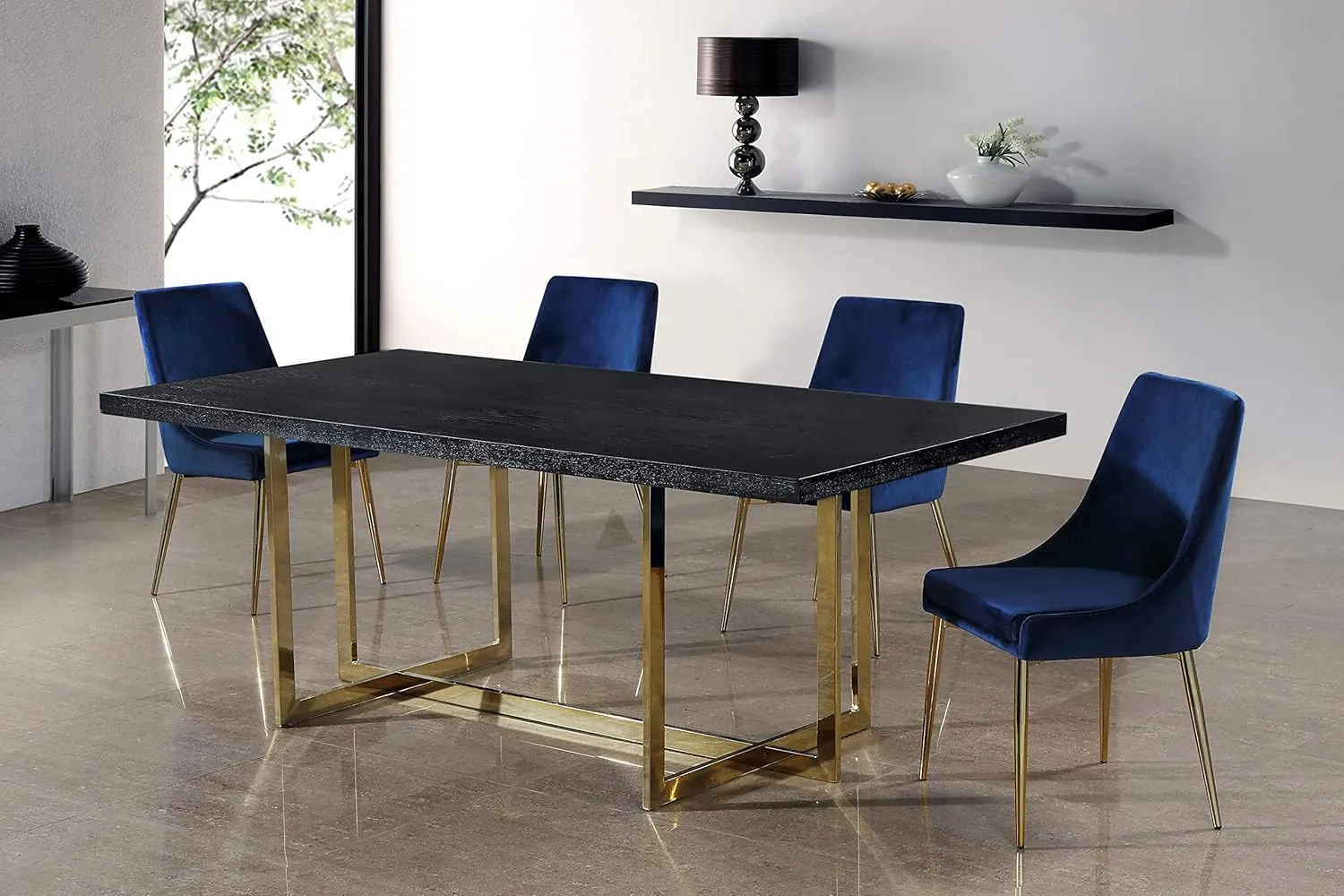 Meridian Furniture Karina Collection Modern | Contemporary Velvet Upholstered Dining Chair with Sturdy Metal Legs, Set of 2, 19.5" W x 21.5" D x 33.5" H, Navy