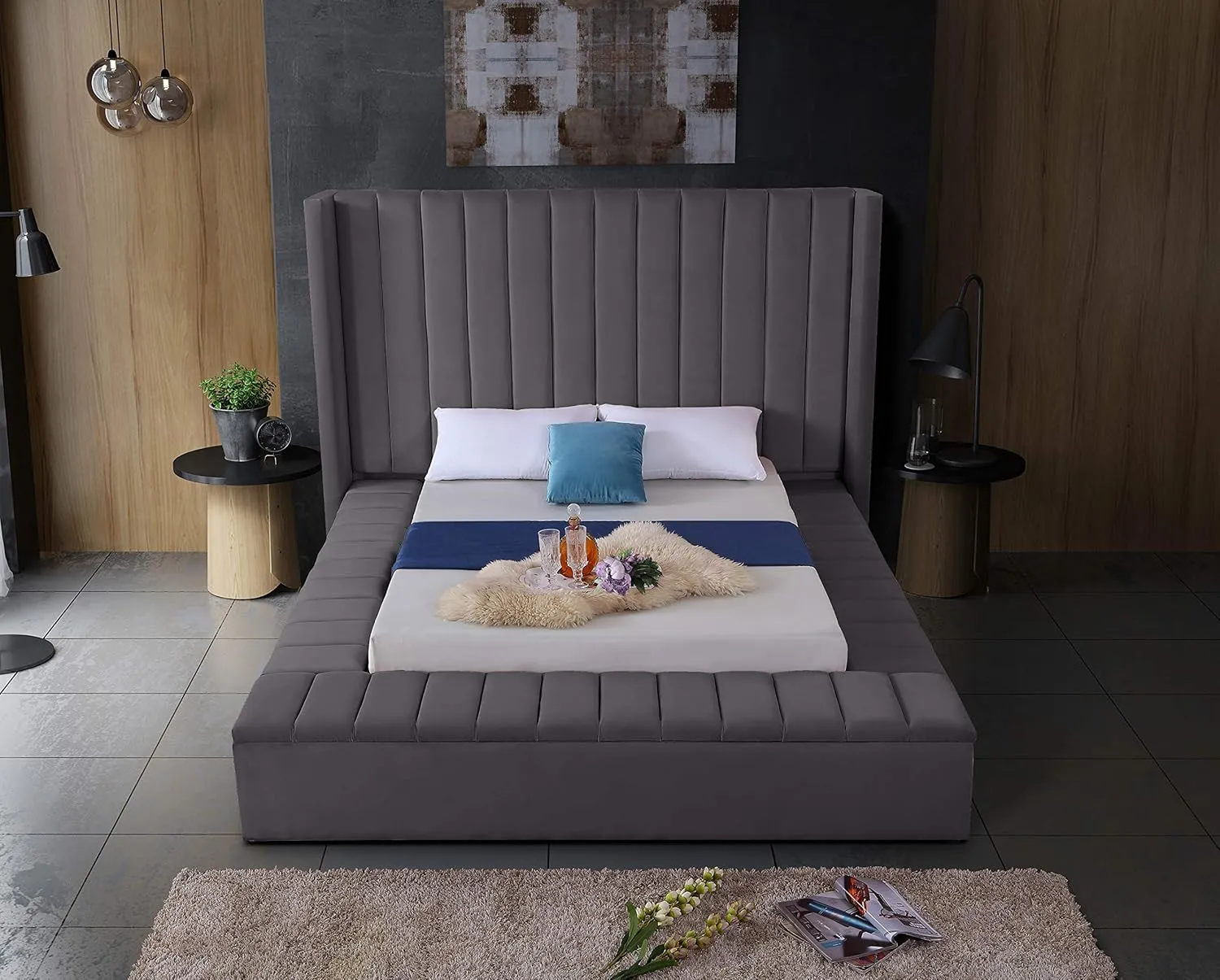 Meridian Furniture Kiki Collection Modern | Contemporary Velvet Upholsterd Bed with Channel Tufting, Siderails and Footboard Storage Compartments, King, Grey