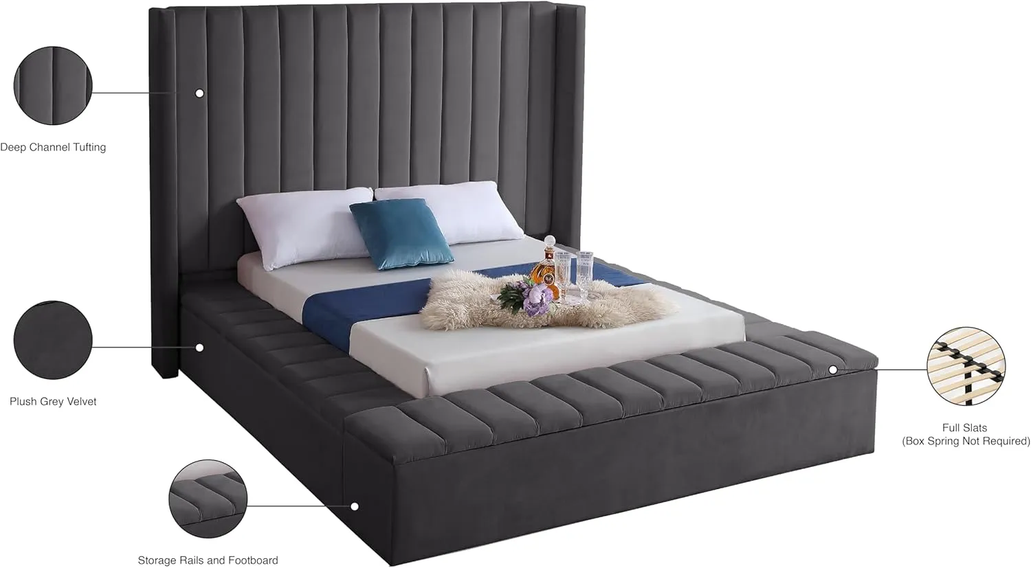 Meridian Furniture Kiki Collection Modern | Contemporary Velvet Upholsterd Bed with Channel Tufting, Siderails and Footboard Storage Compartments, King, Grey