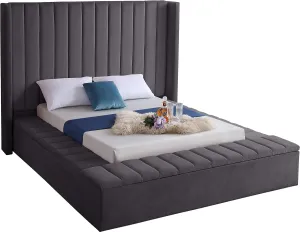 Meridian Furniture Kiki Collection Modern | Contemporary Velvet Upholsterd Bed with Channel Tufting, Siderails and Footboard Storage Compartments, King, Grey