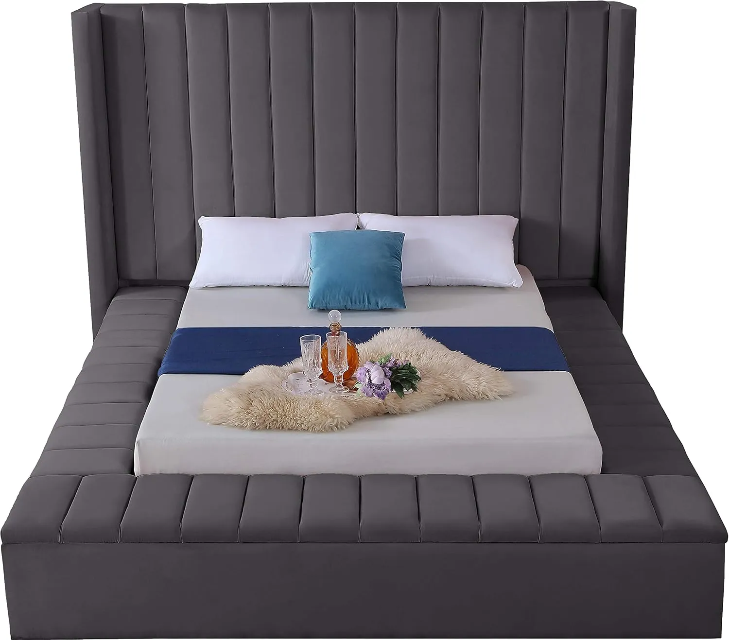 Meridian Furniture Kiki Collection Modern | Contemporary Velvet Upholsterd Bed with Channel Tufting, Siderails and Footboard Storage Compartments, King, Grey