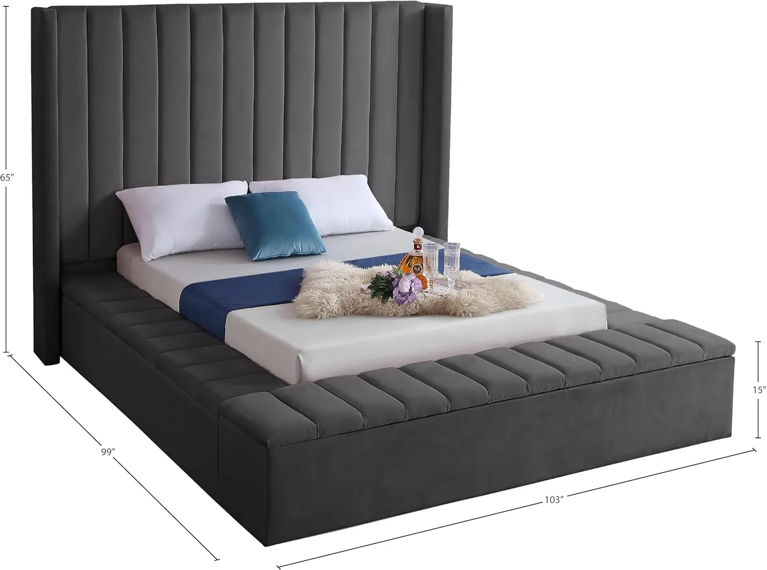Meridian Furniture Kiki Collection Modern | Contemporary Velvet Upholsterd Bed with Channel Tufting, Siderails and Footboard Storage Compartments, King, Grey