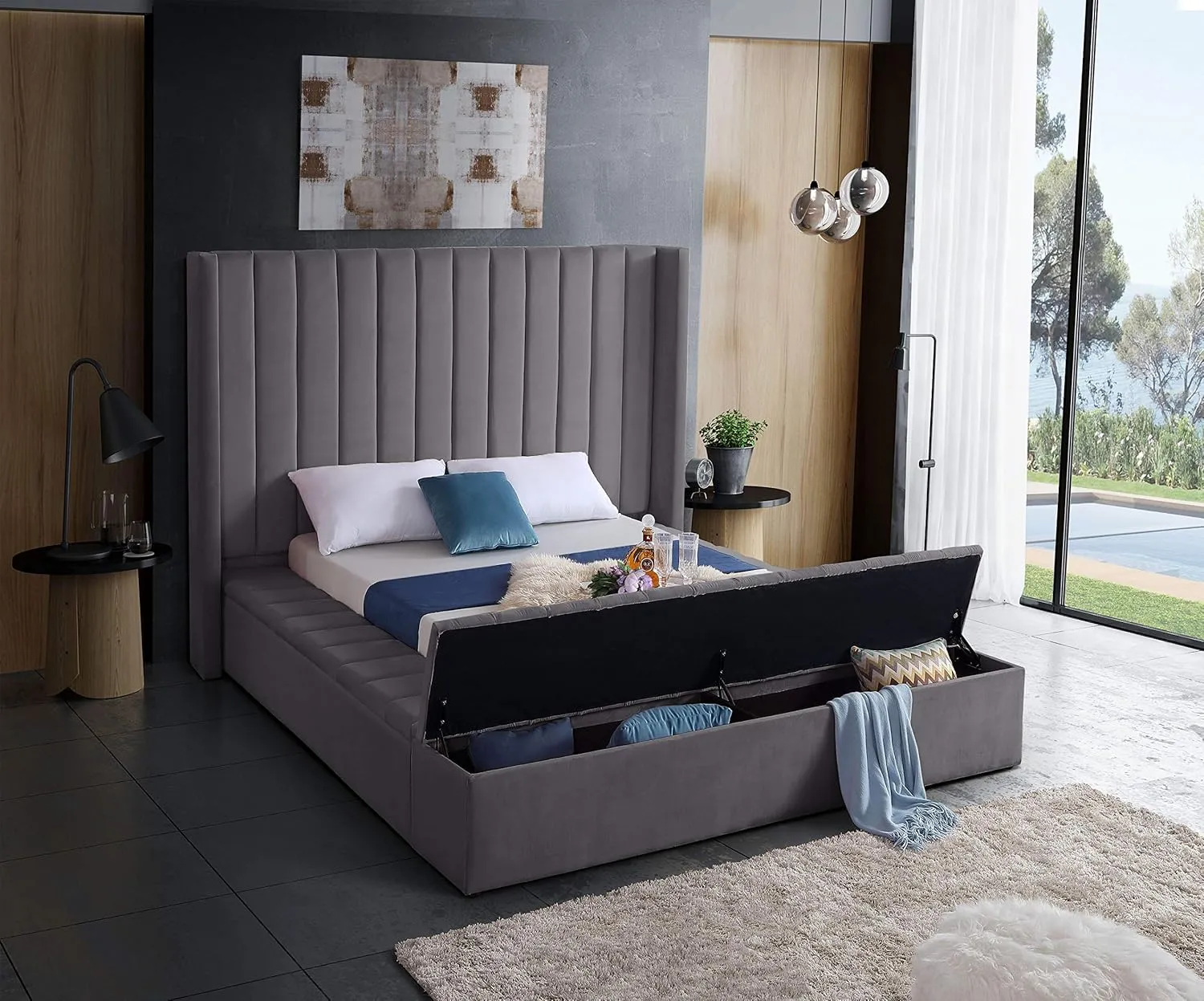 Meridian Furniture Kiki Collection Modern | Contemporary Velvet Upholsterd Bed with Channel Tufting, Siderails and Footboard Storage Compartments, King, Grey