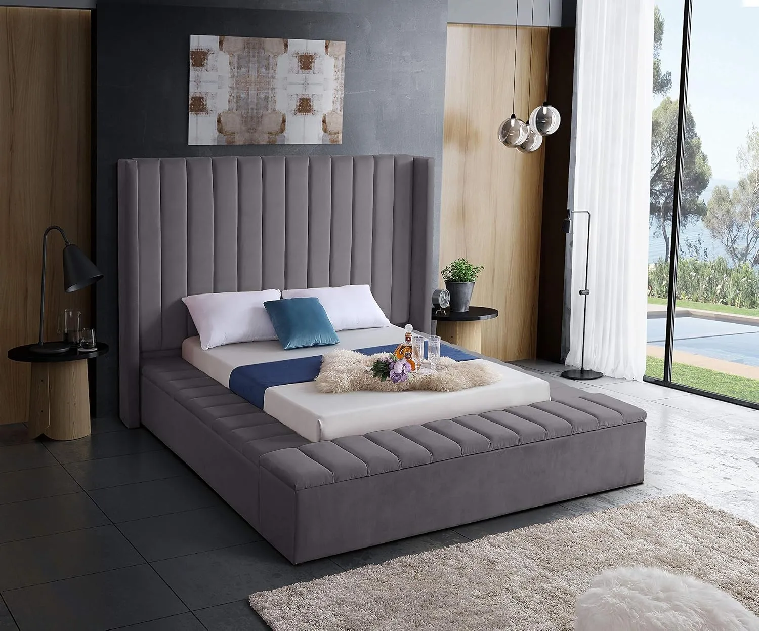 Meridian Furniture Kiki Collection Modern | Contemporary Velvet Upholsterd Bed with Channel Tufting, Siderails and Footboard Storage Compartments, King, Grey