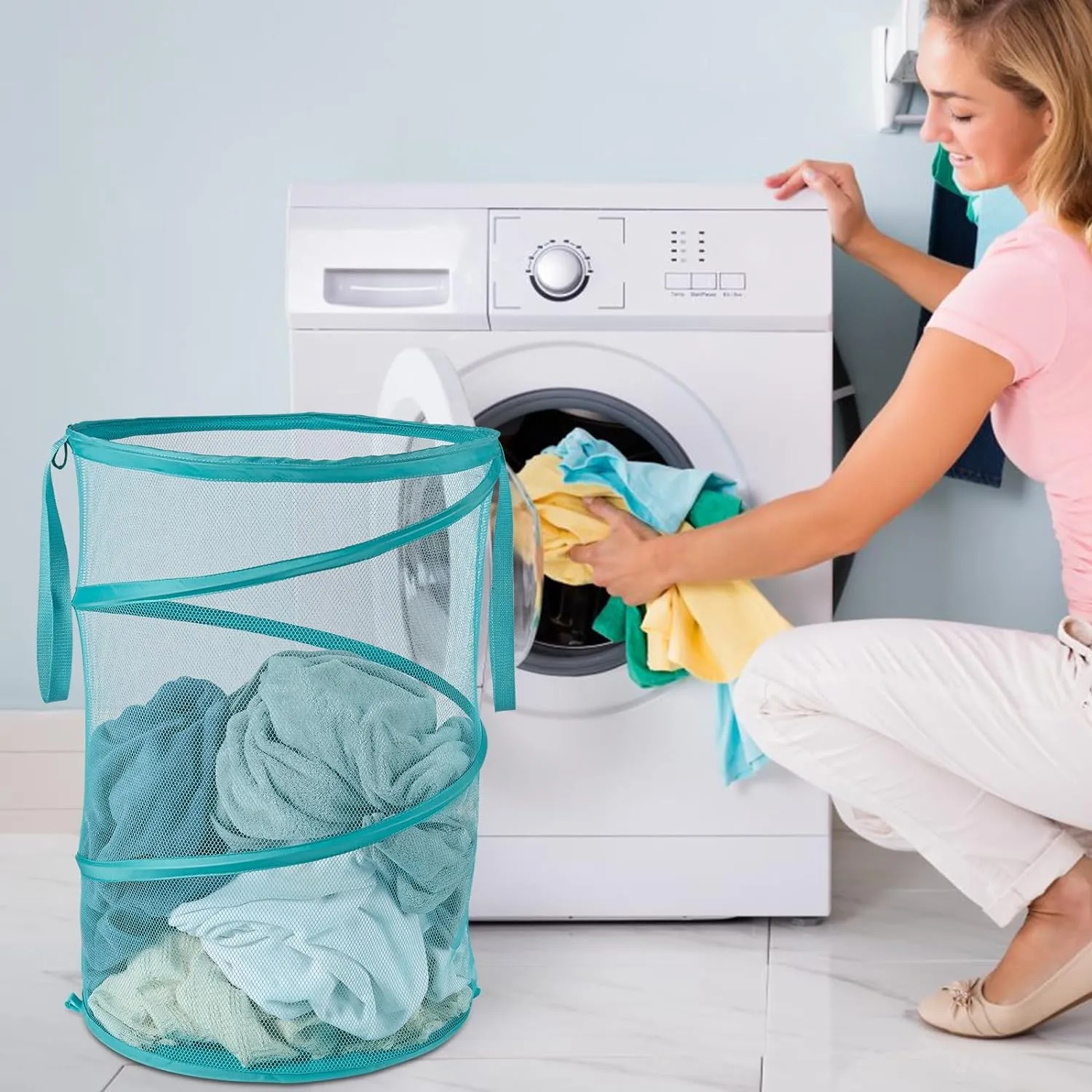 Mesh Popup Laundry Hamper 115L Collapsible Laundry Basket No Lid Extra Large Capacity Foldable Clothing Storage Basket with Handles 26 H x 18 W x 18 L (Turquoise Blue)