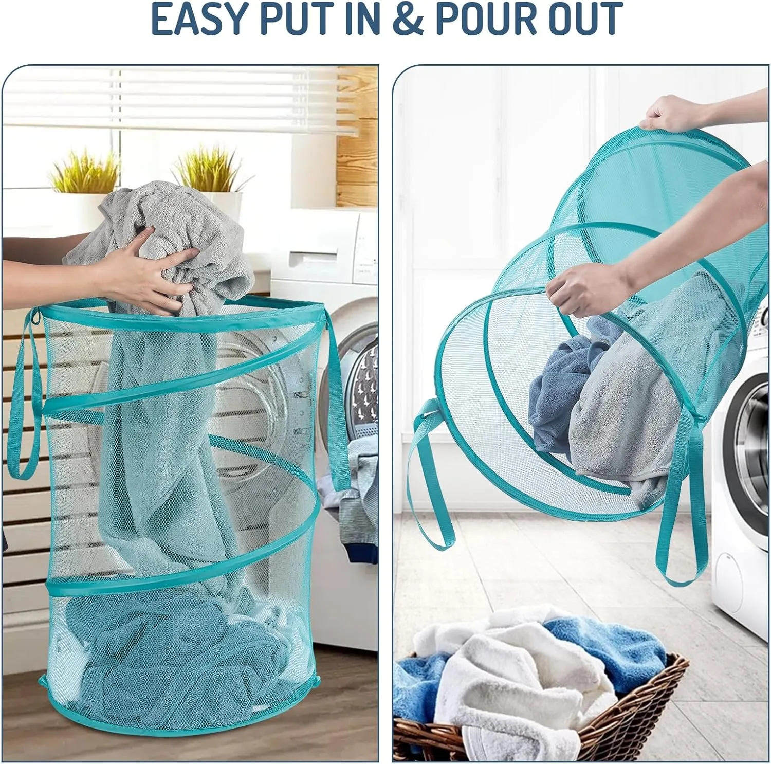 Mesh Popup Laundry Hamper 115L Collapsible Laundry Basket No Lid Extra Large Capacity Foldable Clothing Storage Basket with Handles 26 H x 18 W x 18 L (Turquoise Blue)