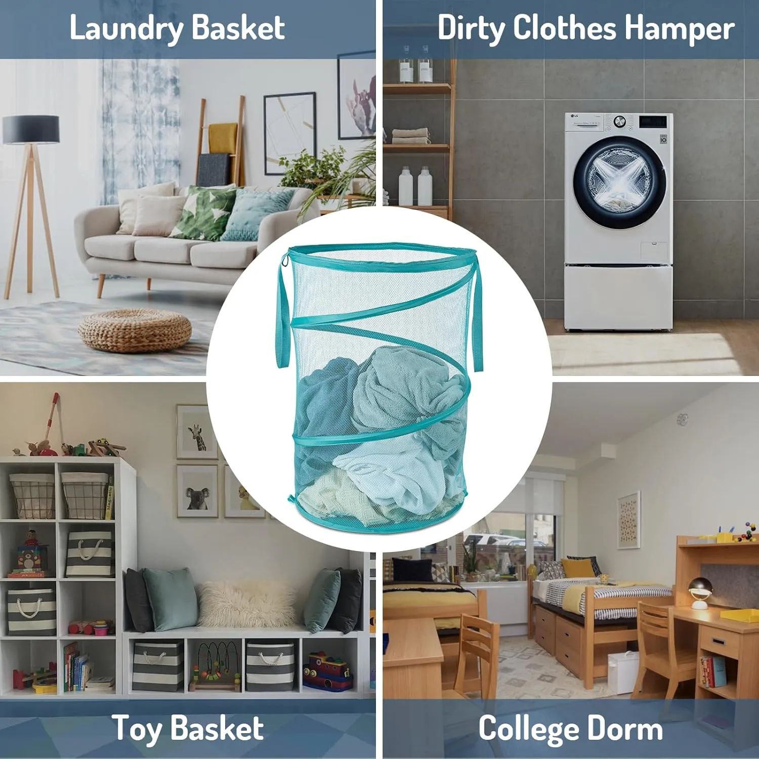 Mesh Popup Laundry Hamper 115L Collapsible Laundry Basket No Lid Extra Large Capacity Foldable Clothing Storage Basket with Handles 26 H x 18 W x 18 L (Turquoise Blue)