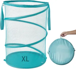 Mesh Popup Laundry Hamper 115L Collapsible Laundry Basket No Lid Extra Large Capacity Foldable Clothing Storage Basket with Handles 26 H x 18 W x 18 L (Turquoise Blue)