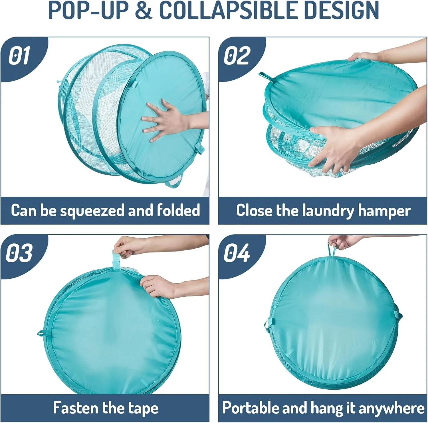 Mesh Popup Laundry Hamper 115L Collapsible Laundry Basket No Lid Extra Large Capacity Foldable Clothing Storage Basket with Handles 26 H x 18 W x 18 L (Turquoise Blue)