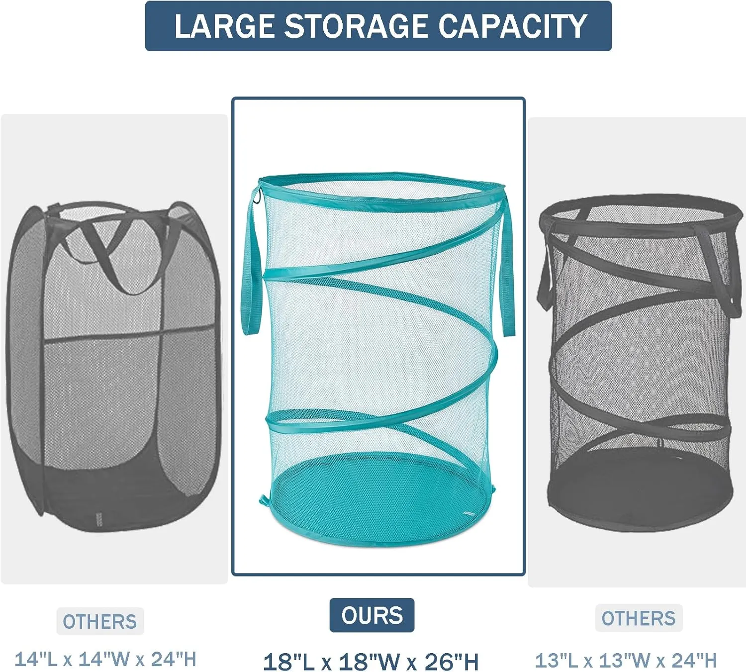 Mesh Popup Laundry Hamper 115L Collapsible Laundry Basket No Lid Extra Large Capacity Foldable Clothing Storage Basket with Handles 26 H x 18 W x 18 L (Turquoise Blue)