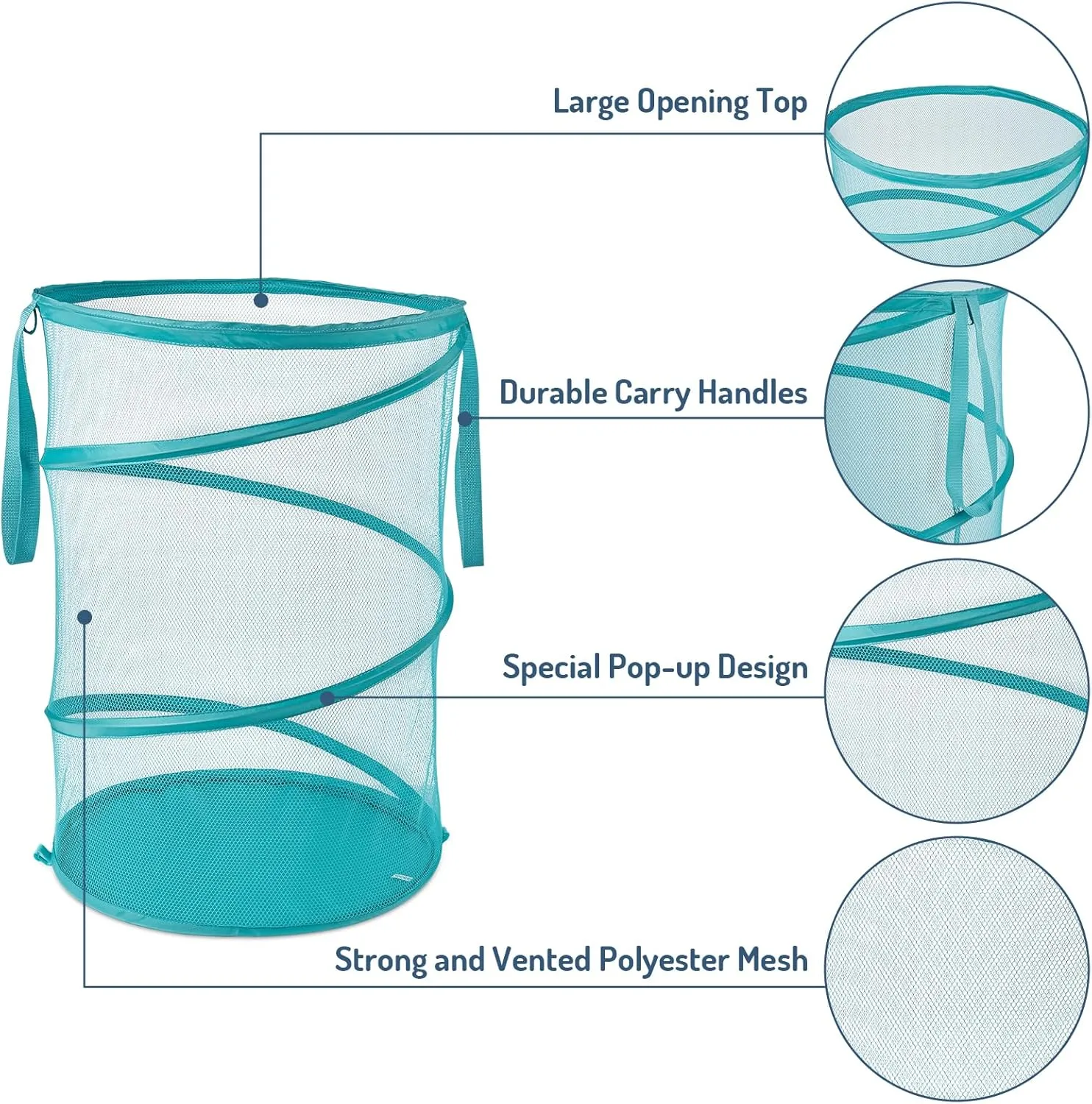Mesh Popup Laundry Hamper 115L Collapsible Laundry Basket No Lid Extra Large Capacity Foldable Clothing Storage Basket with Handles 26 H x 18 W x 18 L (Turquoise Blue)