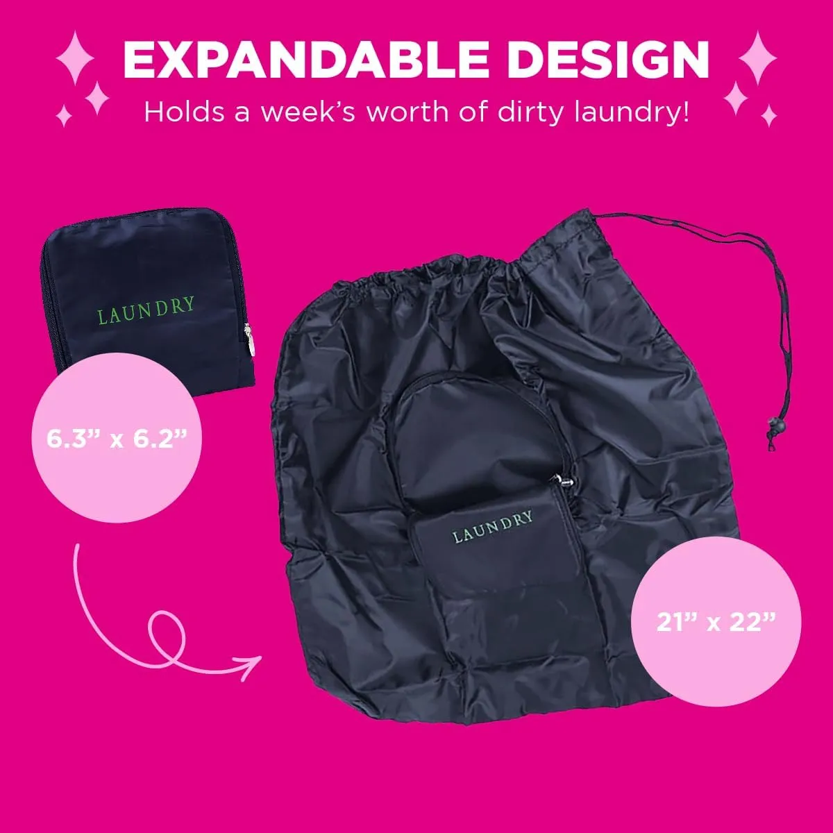 Miamica Soft Travel Laundry Bag with Zipper and Drawstring, Navy Blue & Green, 21” x 22” – Keep Your Dirty Clothes Separate and Your Suitcase Organized – Expandable, Durable, and Foldable Laundry Bag
