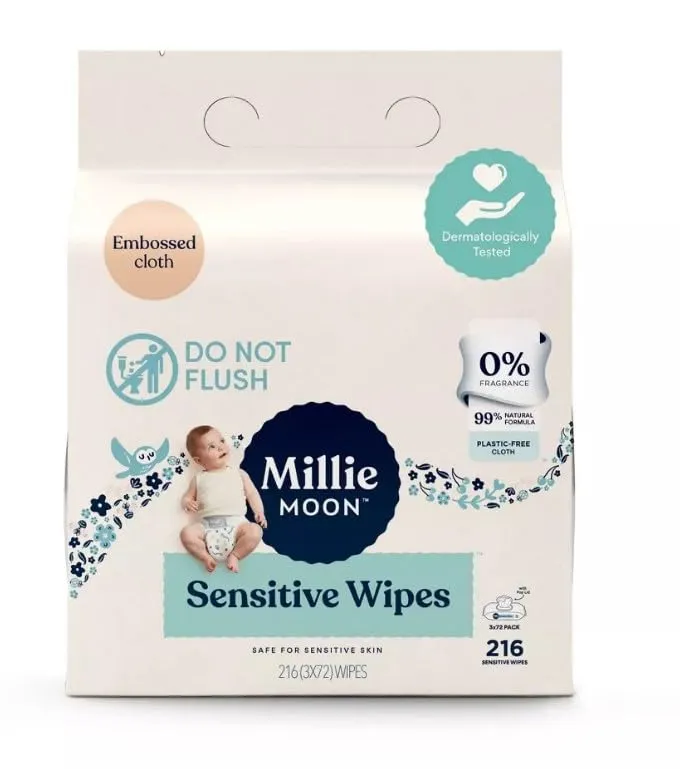 Millie Moon Sensitive Wipes (216 Count)-3 Packs of 72 Wipes(1Box)