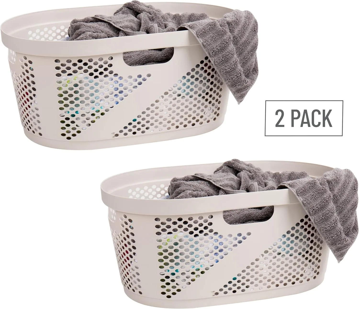 Mind Reader 40L Laundry Basket, Clothes Hamper, Ventilated, Plastic, 23"L x 14.5"W x 10.5"H, Set of 2, Ivory