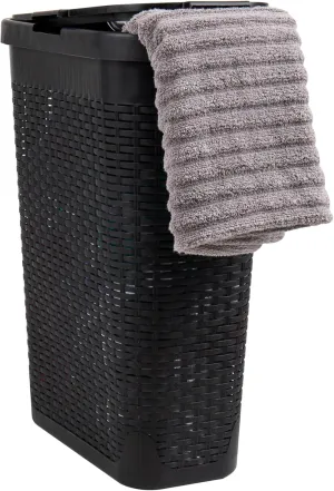 Mind Reader 40L Slim Laundry Hamper, Clothes Basket, Lid, Wicker Design, Plastic, 18"L x 10.4"W x 23.5"H, Black