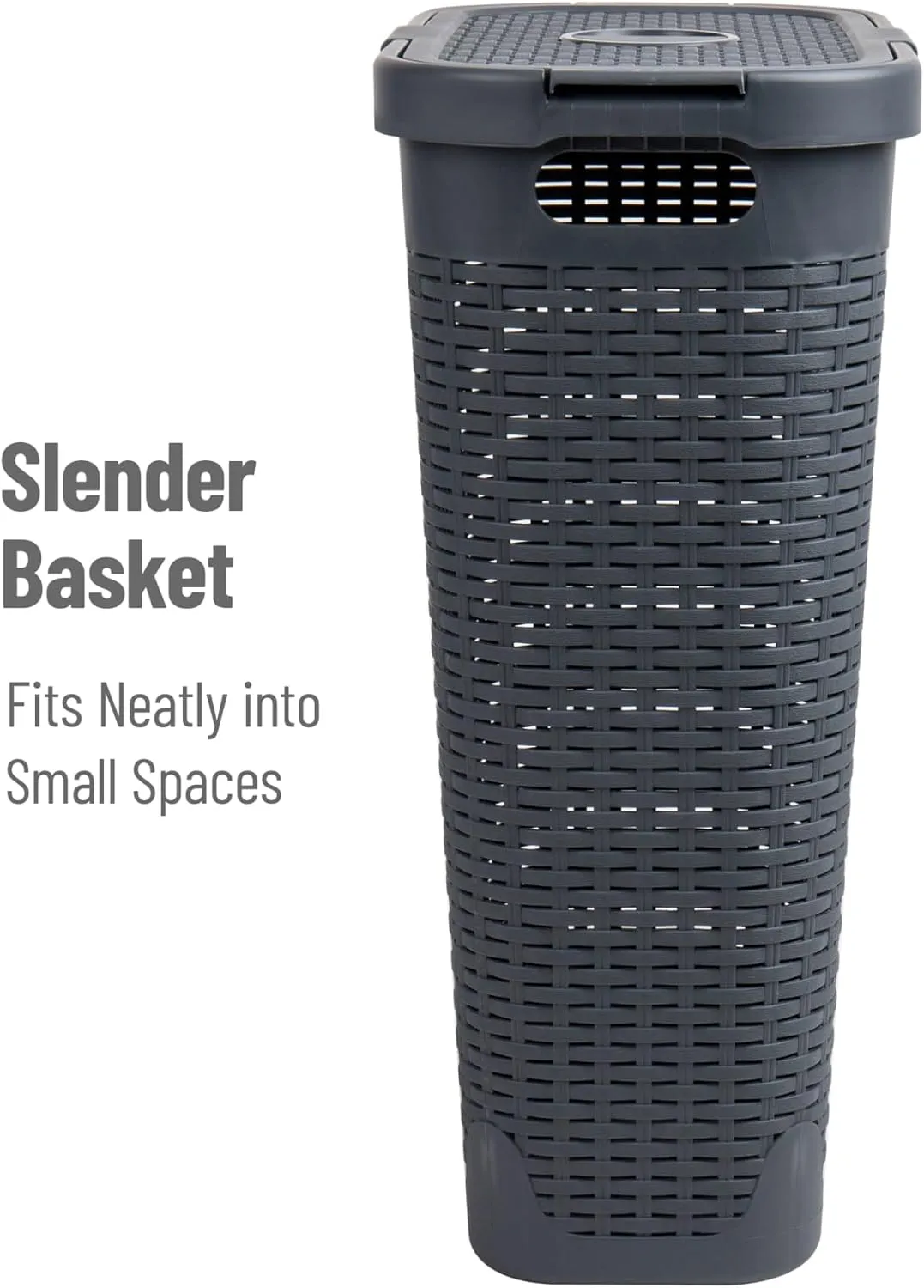 Mind Reader 40L Slim Laundry Hamper, Clothes Basket, Lid, Wicker Design, Plastic, 18"L x 10.4"W x 23.5"H, Gray