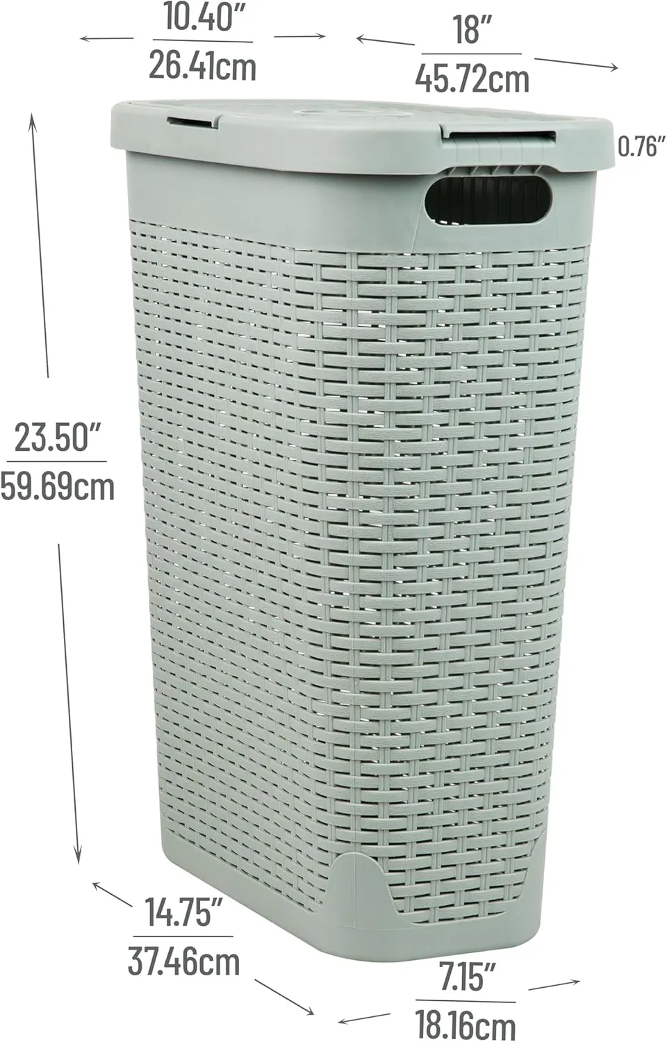 Mind Reader 40L Slim Laundry Hamper, Clothes Basket, Lid, Wicker Design, Plastic, 18"L x 10.4"W x 23.5"H, Mint