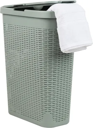 Mind Reader 40L Slim Laundry Hamper, Clothes Basket, Lid, Wicker Design, Plastic, 18"L x 10.4"W x 23.5"H, Mint