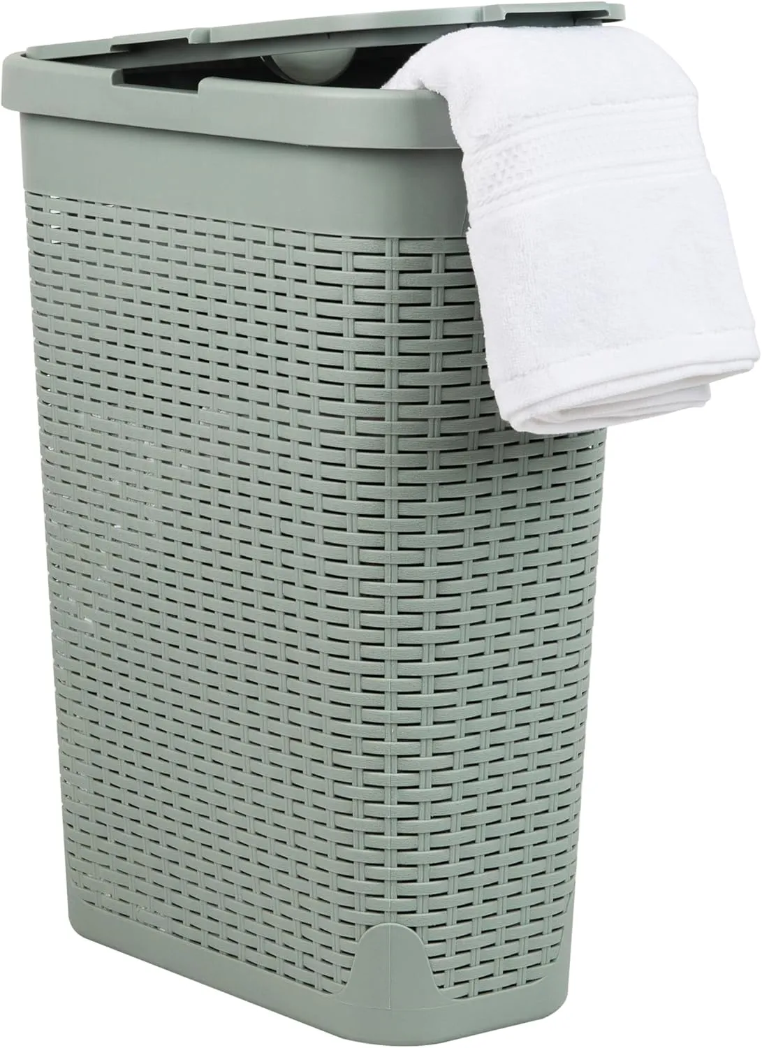 Mind Reader 40L Slim Laundry Hamper, Clothes Basket, Lid, Wicker Design, Plastic, 18"L x 10.4"W x 23.5"H, Mint