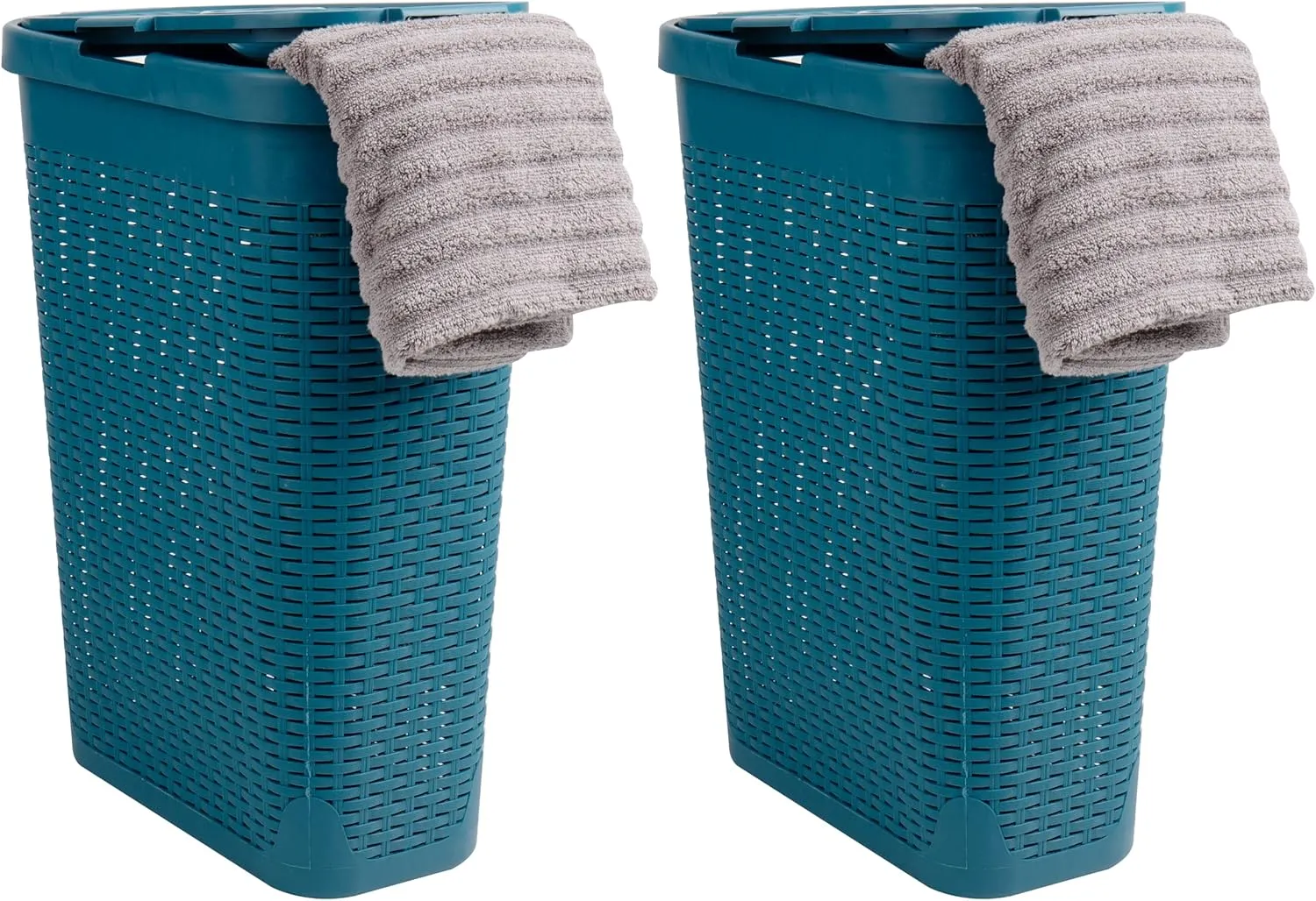 Mind Reader 40L Slim Laundry Hamper, Clothes Basket, Lid, Wicker Design, Plastic, 18"L x 10.4"W x 23.5"H, Set of 2, Blue