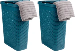 Mind Reader 40L Slim Laundry Hamper, Clothes Basket, Lid, Wicker Design, Plastic, 18"L x 10.4"W x 23.5"H, Set of 2, Blue
