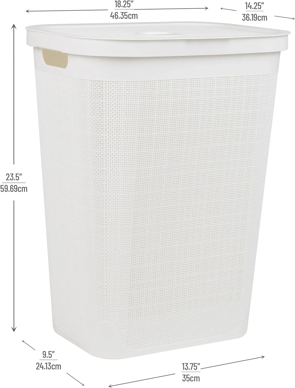 Mind Reader 60L Slim Laundry Hamper, Clothes Basket, Lid, Linen Design, Plastic, 18.25”L x 14.25”W x 23.5”H, White